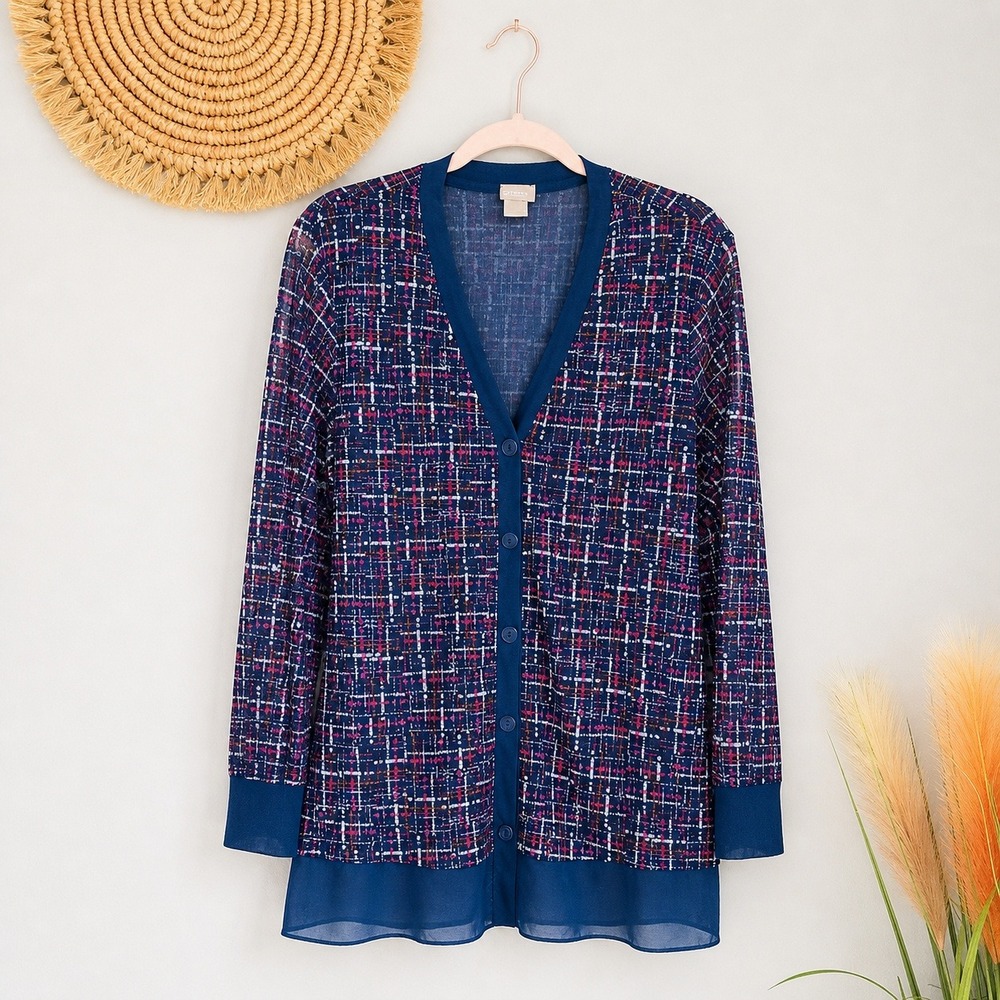 Chico's Navy Tweed Print Mesh Cardigan Button Front Topper SZ XL Preppy Academia - Picture 10 of 10